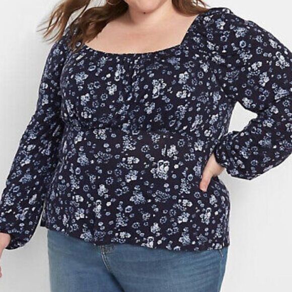 Lane Bryant Plus Blue Blouson Sleeve Square Neck Top - Picture 1 of 15